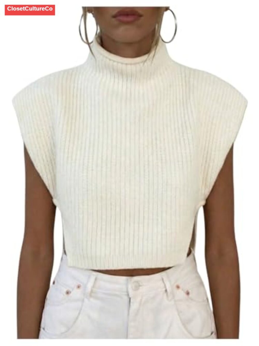 Mock Neck Cap Sleeve Rib Knit Split Hem Crop Sweater Pullover
